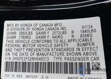 2024 Honda Civic Sport z USA, uszkodzony, nr VIN 2HGFE2F52RH548313